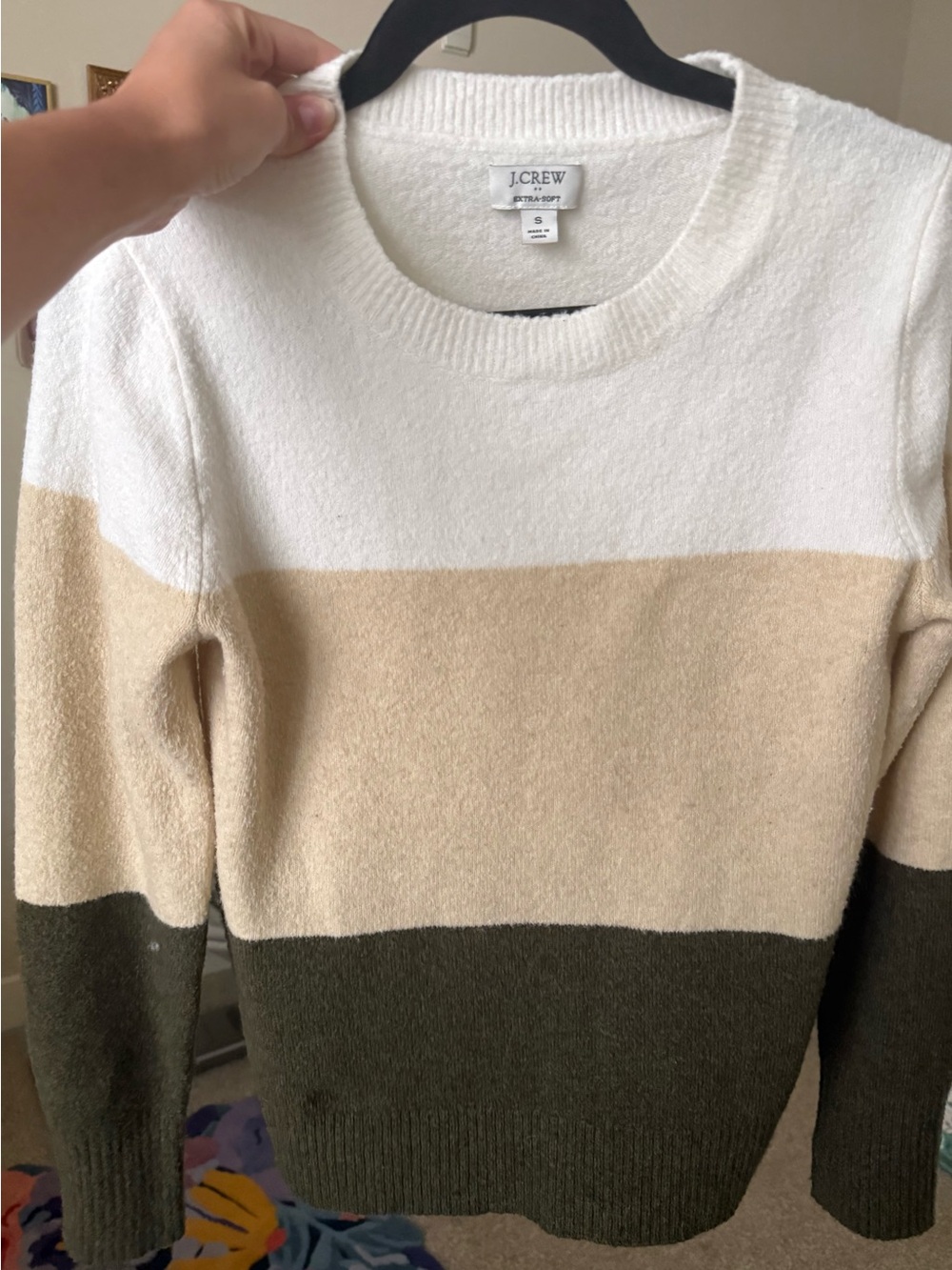J. Crew Colorblock Crewneck Sweater in Cream, Tan & Olive